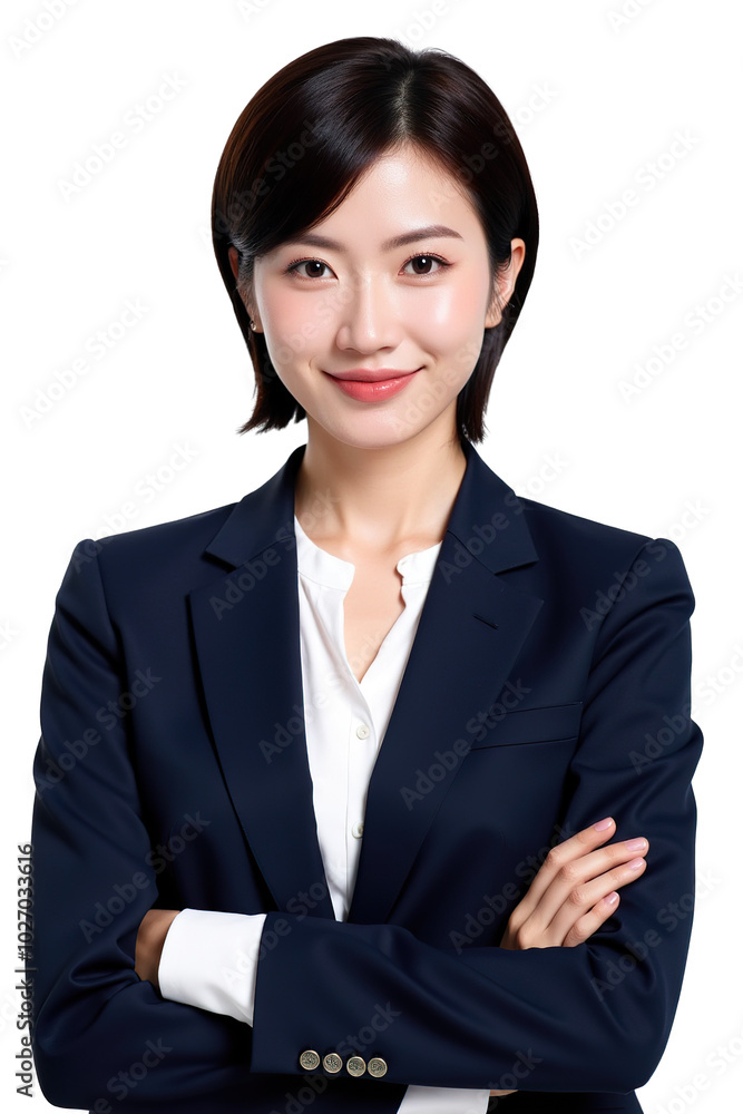 A young Asian woman with dark hair, wearing a dark blue suit and white shirt, smiles confidently at the camera with her arms crossed isolated PNG A young Asian woman with dark hair, wearing a dark blue suit and white shirt, smiles confidently at the camera with her arms crossed isolated PNG