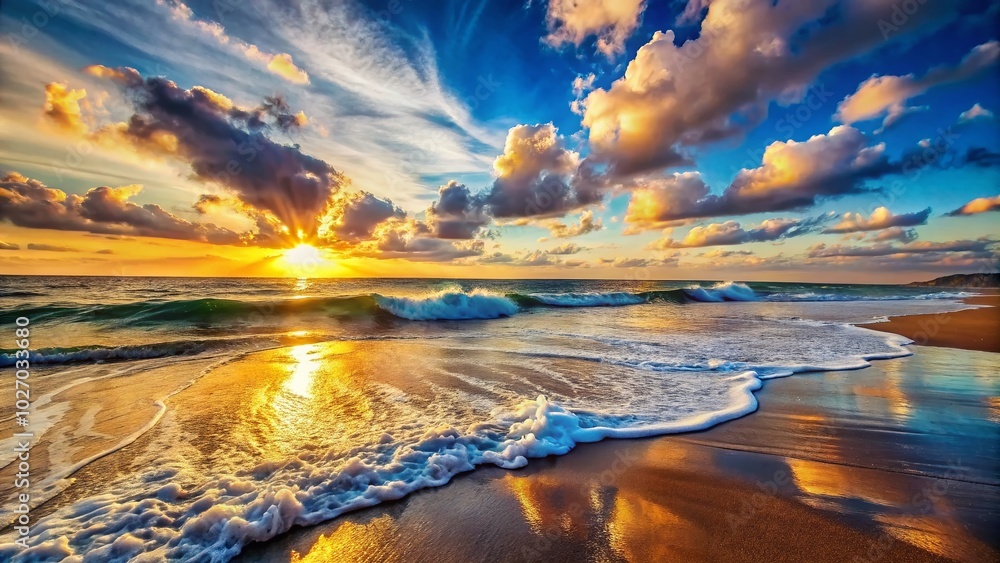Stunning Late Afternoon Seascape with Waves Breaking on the Shoreline Stunning Late Afternoon Seascape with Waves Breaking on the Shoreline