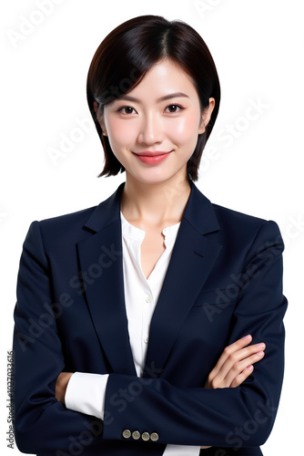 A young Asian woman with dark hair, wearing a dark blue suit and white shirt, smiles confidently at the camera with her arms crossed isolated PNG