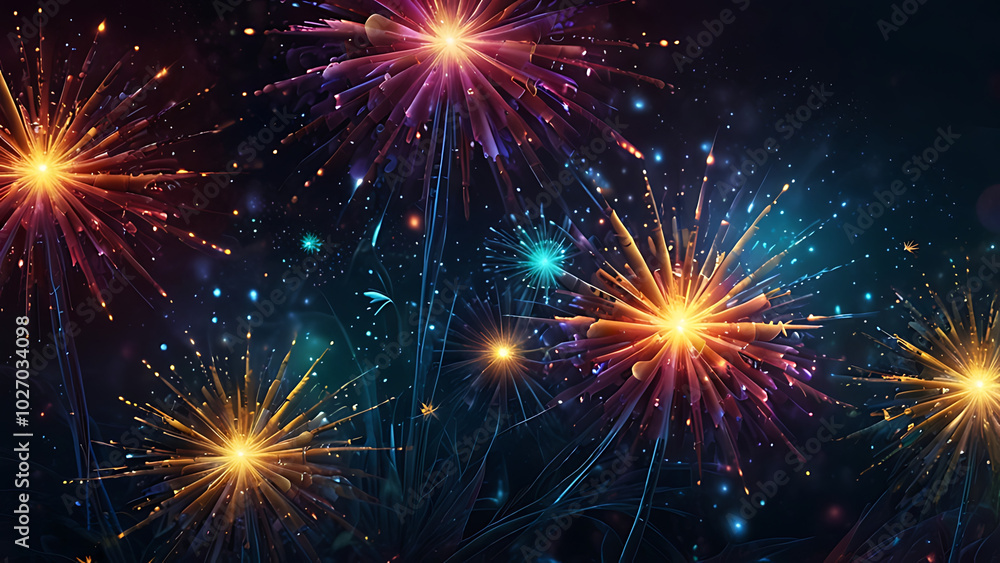 Fototapeta premium Abstract background with fireworks of flowers, fractal of bright star of space, fantasy landscape, 3d rendering of modern digital art, colorful illustration