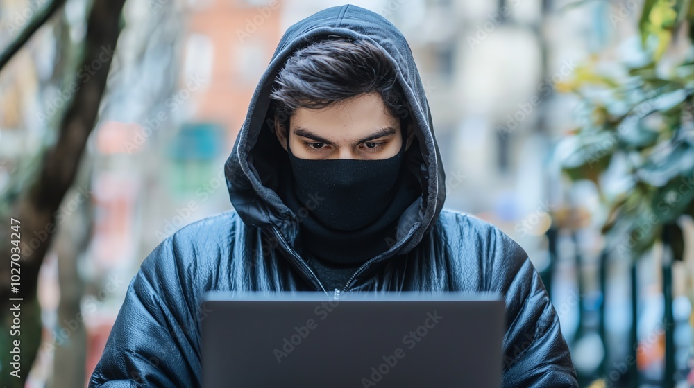 Focused individual in a hooded jacket using a laptop outdoors with a serious expression. Focused individual in a hooded jacket using a laptop outdoors with a serious expression.