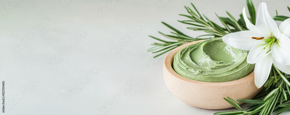 Natural green tea mask with white lilies and rosemary in spa setting Natural green tea mask with white lilies and rosemary in spa setting