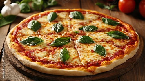 Delicious Margherita pizza and ingredients on wooden table