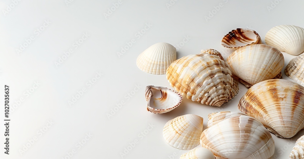 Seashells in closeup against a white backdrop. with an image of copy space. Location for inserting graphics or text, Generative AI. Seashells in closeup against a white backdrop. with an image of copy space. Location for inserting graphics or text, Generative AI.