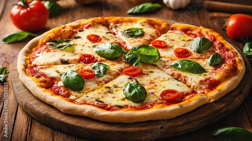 Delicious Margherita pizza and ingredients on wooden table