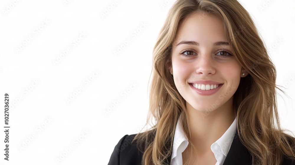Smiling Woman in Professional Attire Against Bright Background Smiling Woman in Professional Attire Against Bright Background