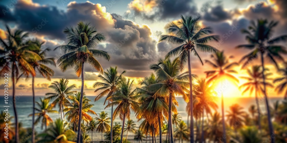 Stunning Morning Palm Trees Silhouettes Against a Golden Sky - Tilt-Shift Photography Stunning Morning Palm Trees Silhouettes Against a Golden Sky - Tilt-Shift Photography