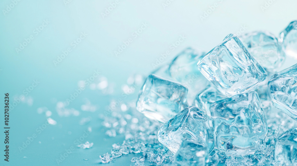 Organic shapes formed by melting ice cubes on a soft blue background Organic shapes formed by melting ice cubes on a soft blue background