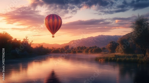 A balloon drifting along a peaceful river at twilight, with scenic mountains in the distance.