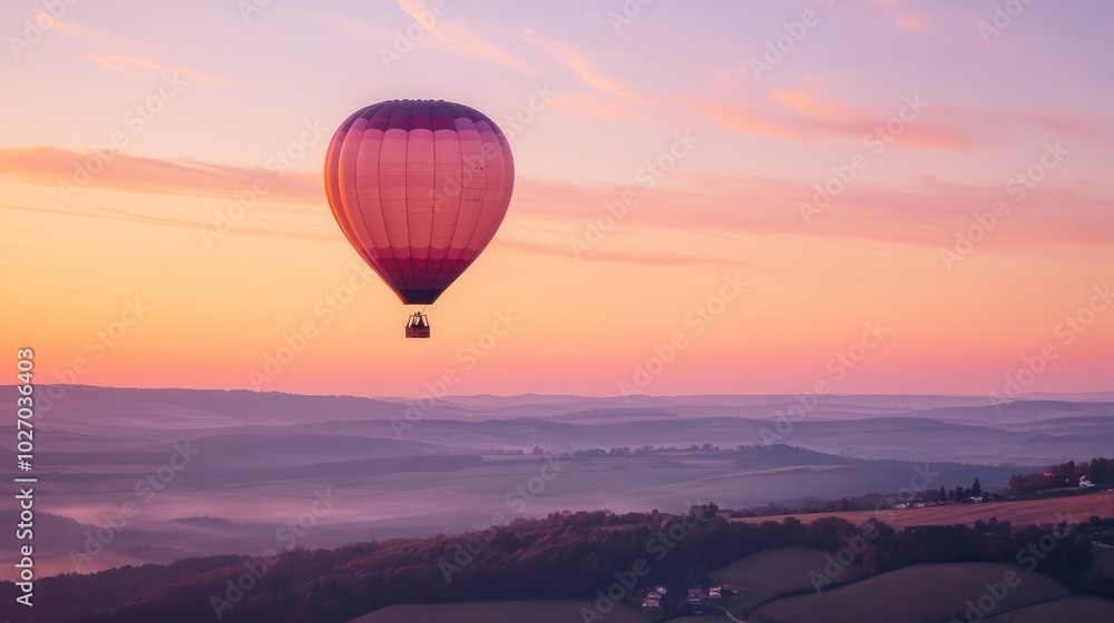 Obraz premium A balloon floating in a pastel sky at dawn, with scenic rural landscapes below. No people.