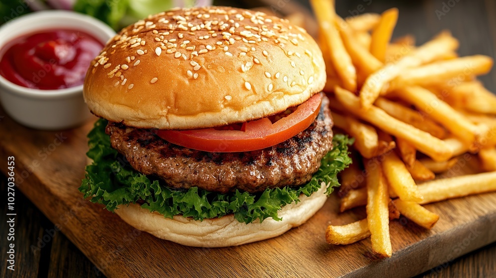 classic tasty burger on a wooden tablet, burger menu, junk fast food, french fries and the burger with meat classic tasty burger on a wooden tablet, burger menu, junk fast food, french fries and the burger with meat