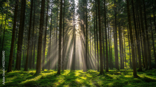 Sunlight through spruce trees casts stunning shadows on the forest floor