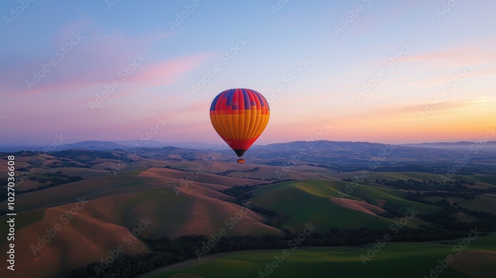 Fototapeta premium A balloon highlighted against the twilight sky, with rolling hills in the distance. No people.