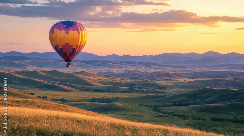 Fototapeta premium A balloon highlighted against the twilight sky, with rolling hills in the distance. No people.
