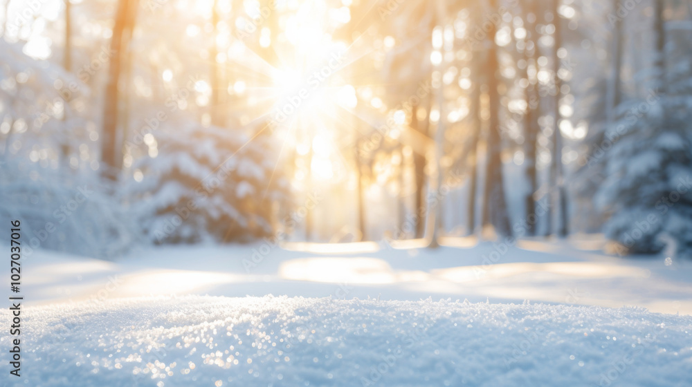Fototapeta premium Peaceful snowy forest with sunbeams breaking through in a winter wonderland