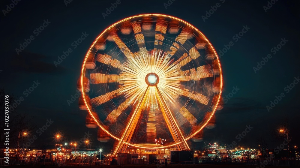 A brightly lit Ferris wheel spinning against a clear night sky with scenic city lights in the background. No people. A brightly lit Ferris wheel spinning against a clear night sky with scenic city lights in the background. No people.