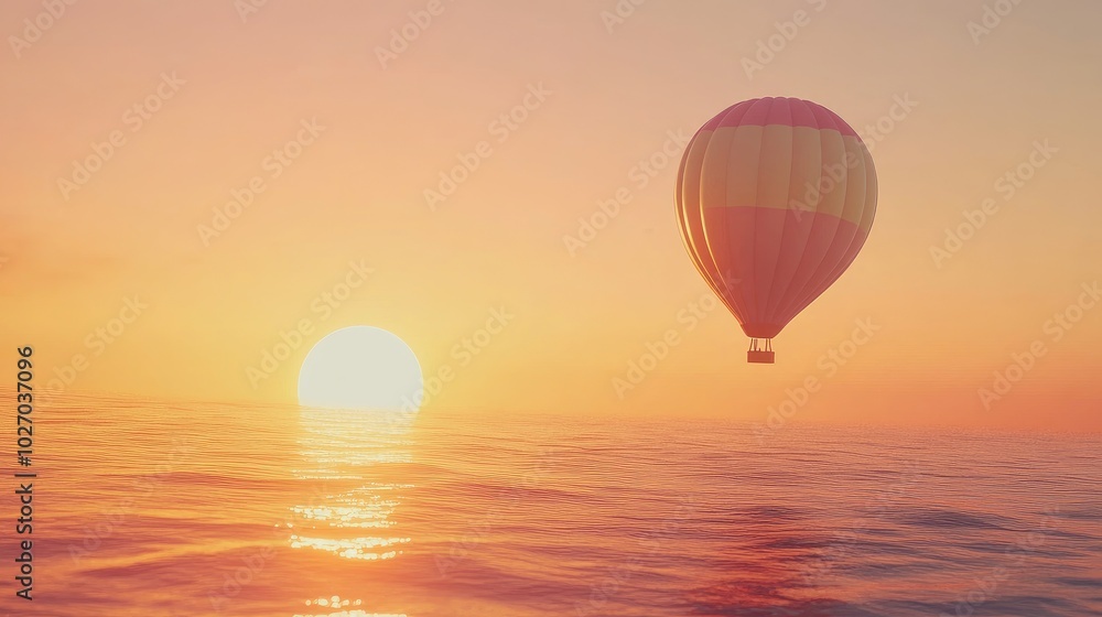 Fototapeta premium A colorful balloon drifting across a vibrant orange sunset, with scenic ocean views below. No people.