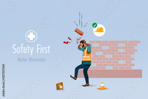 Brick falling on worker head without wearing safety helmet. Safety first awareness, accident caution at industrial, construction site. Vector.