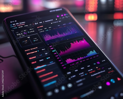 A close-up of a smartphone displaying financial charts and data.