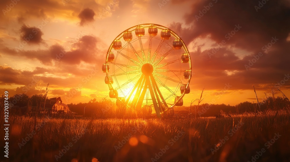 A Ferris wheel illuminated by the setting sun, framed by scenic countryside views. No people. A Ferris wheel illuminated by the setting sun, framed by scenic countryside views. No people.
