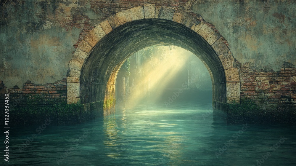 Naklejka premium An Ancient Stone Archway Over a Misty Canal