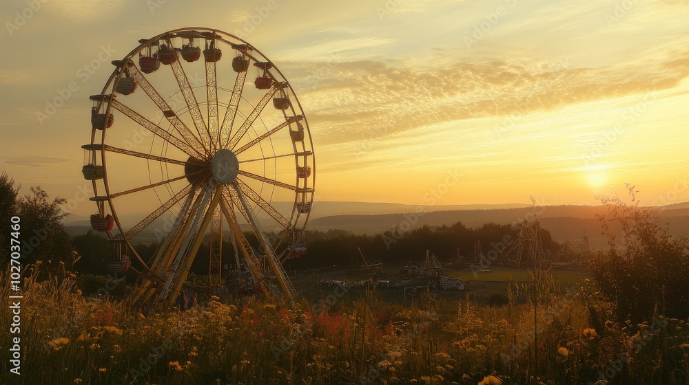 Fototapeta premium A Ferris wheel illuminated by the setting sun, framed by scenic countryside views. No people.