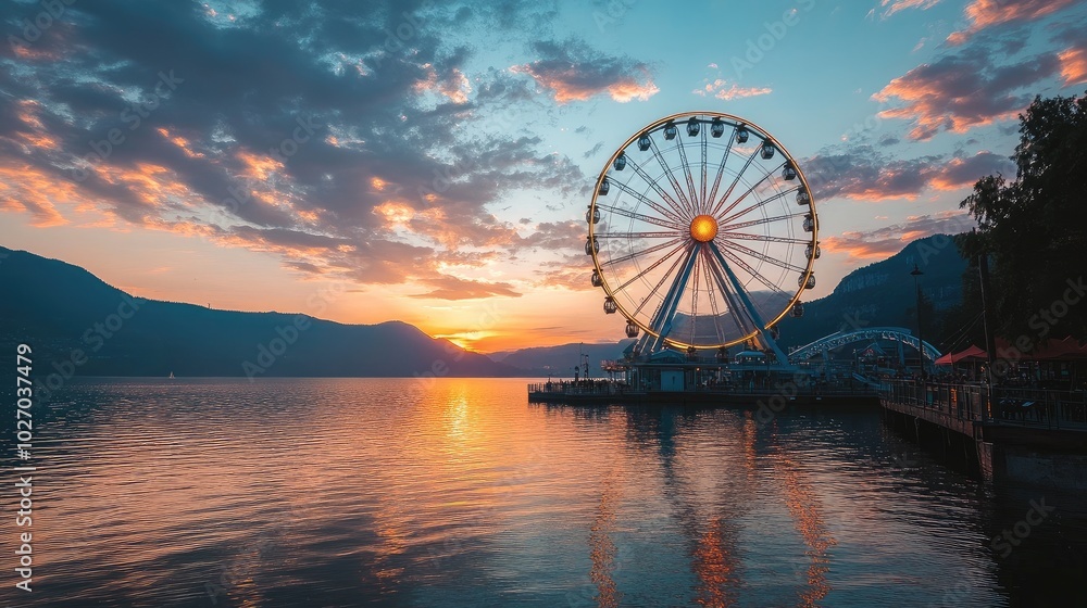 A Ferris wheel reflecting in the water as the sun sets, with scenic hills in the distance. No people. A Ferris wheel reflecting in the water as the sun sets, with scenic hills in the distance. No people.