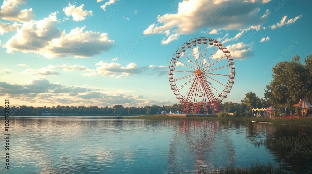 A Ferris wheel towering over a calm, scenic lake with a peaceful sky above. No people included. A Ferris wheel towering over a calm, scenic lake with a peaceful sky above. No people included.