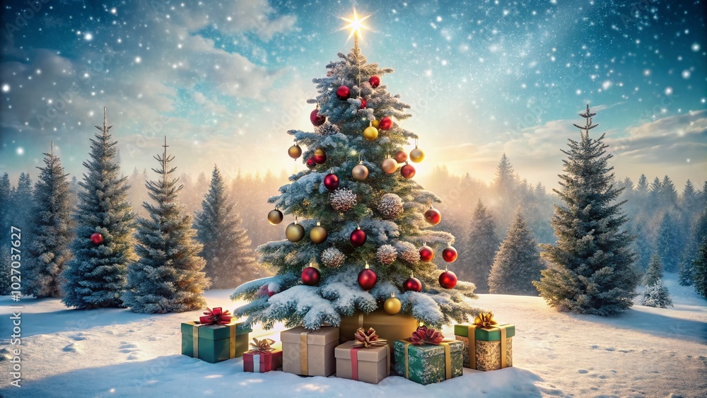 Stunning Panoramic View of a Decorated Christmas Tree Surrounded by Gifts in a Winter Wonderland Stunning Panoramic View of a Decorated Christmas Tree Surrounded by Gifts in a Winter Wonderland