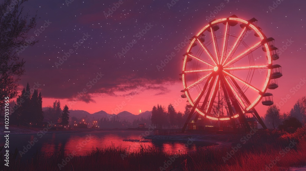 A giant Ferris wheel glowing in the twilight sky, surrounded by calm scenery. No people present. A giant Ferris wheel glowing in the twilight sky, surrounded by calm scenery. No people present.