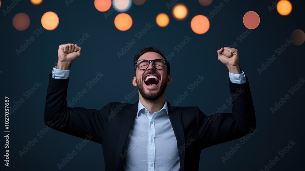 Joyful Man Celebrating with Fist Pumps in Dark Background Joyful Man Celebrating with Fist Pumps in Dark Background