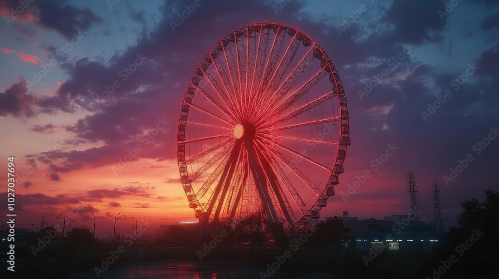 A giant Ferris wheel glowing in the twilight sky, surrounded by calm scenery. No people present. A giant Ferris wheel glowing in the twilight sky, surrounded by calm scenery. No people present.