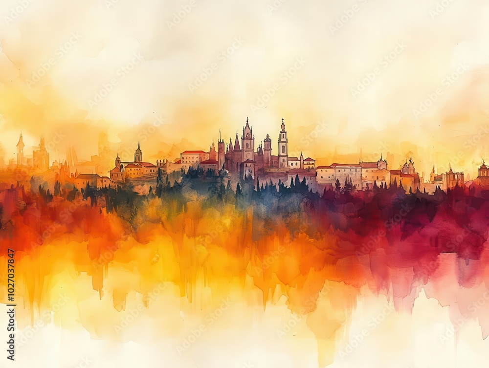Fototapeta premium watercolor illustration capturing the essence of portugal day, featuring the national flag intertwined with a delicate city skyline, evoking pride and celebration