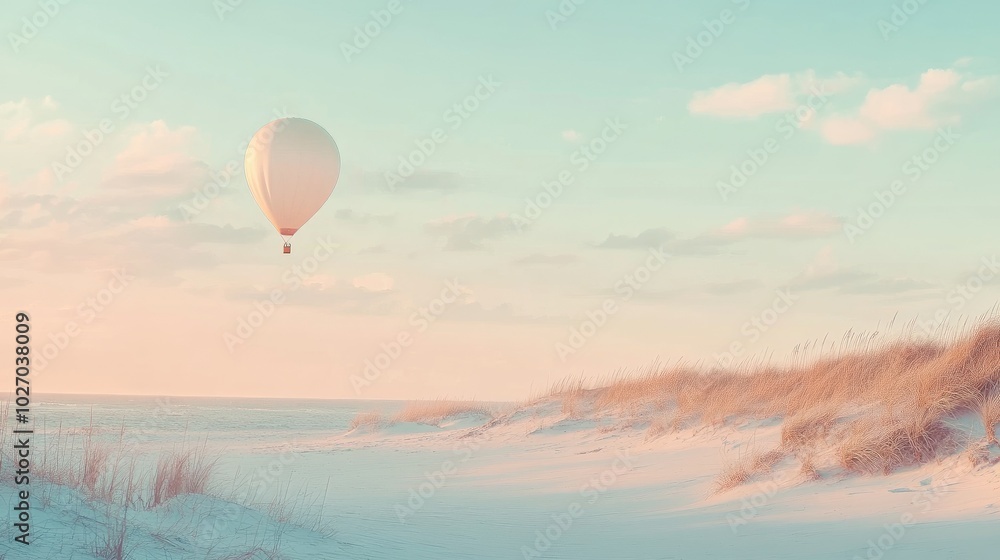 A single balloon floating over a peaceful beach with scenic dunes and a pastel sky. No people. A single balloon floating over a peaceful beach with scenic dunes and a pastel sky. No people.