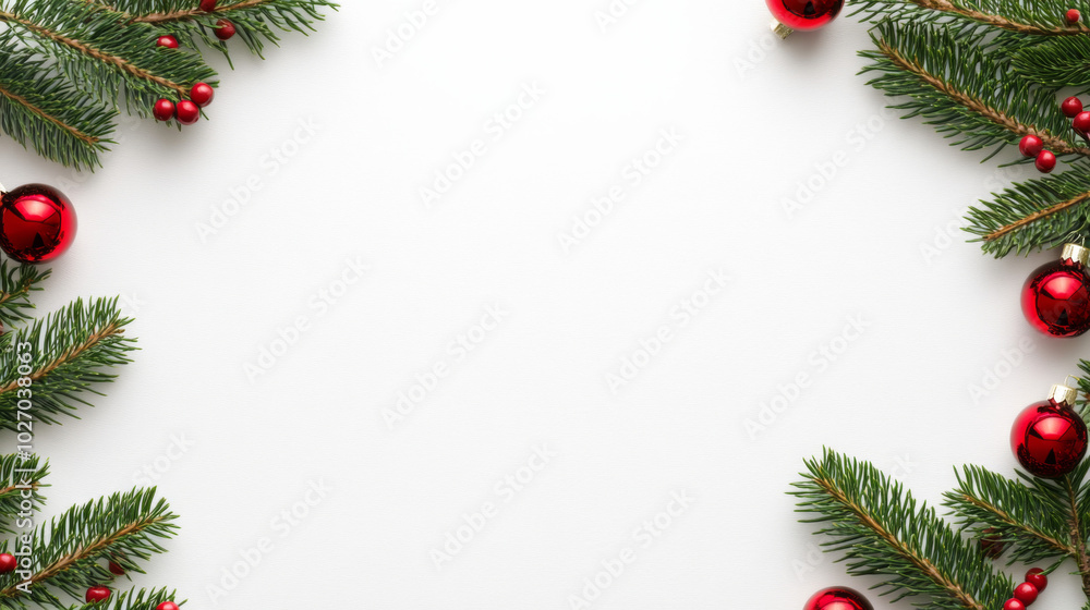 Festive Christmas holly branch frame with red ornaments on white background Festive Christmas holly branch frame with red ornaments on white background