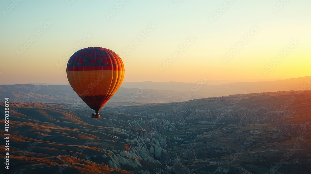 Obraz premium A single balloon illuminated by the soft glow of the setting sun, with scenic valleys below.