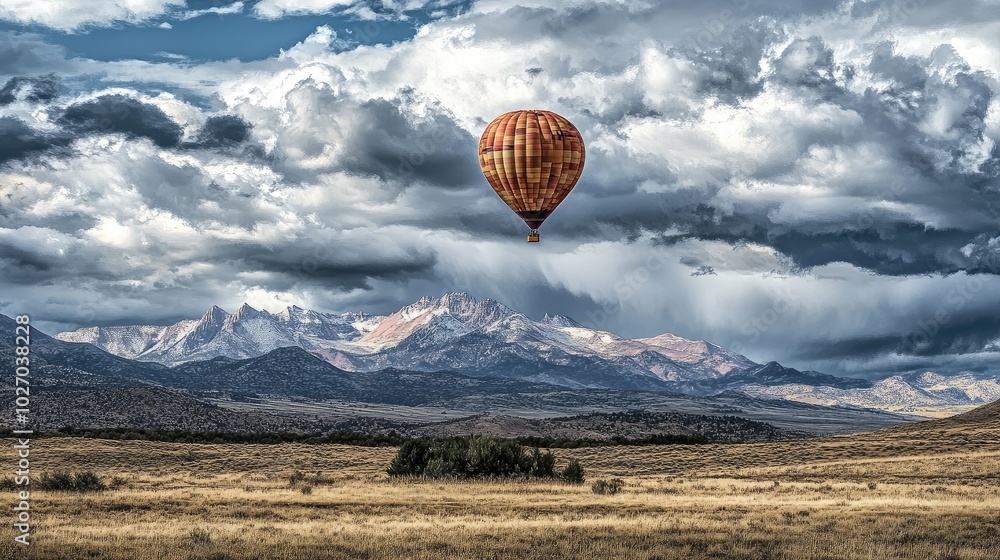 Obraz premium A single balloon rising into a cloudy sky, with a scenic mountain range in the background. No people.