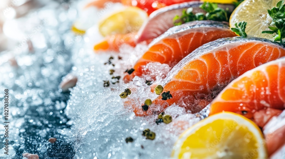 Fresh seafood display featuring salmon slices with lemon and herbs on ice. Fresh seafood display featuring salmon slices with lemon and herbs on ice.