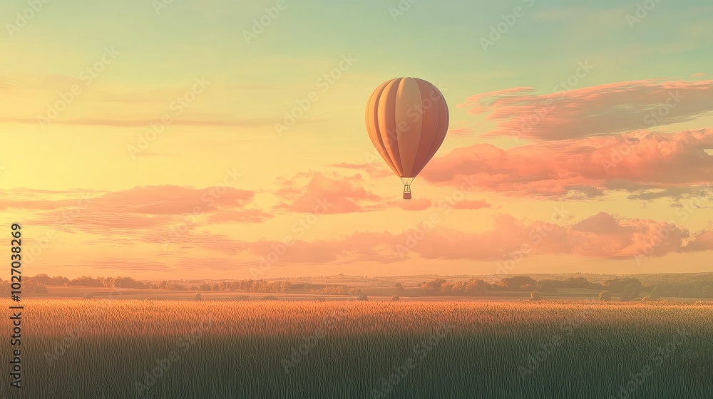 Fototapeta premium A single balloon rising over scenic farmlands, with a soft pastel sky in the background. No people.