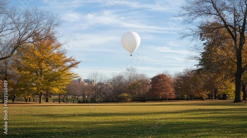 A single white balloon soaring above a peaceful park, with trees and sky in the distance. No people.