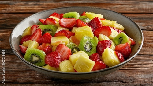 A bowl of fresh fruit salad featuring strawberries, kiwi, and pineapple, set on a rustic wooden table.