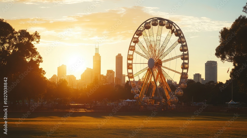 Ferris wheel bathed in the golden light of sunrise, with a scenic park and city skyline behind it. No people. Ferris wheel bathed in the golden light of sunrise, with a scenic park and city skyline behind it. No people.