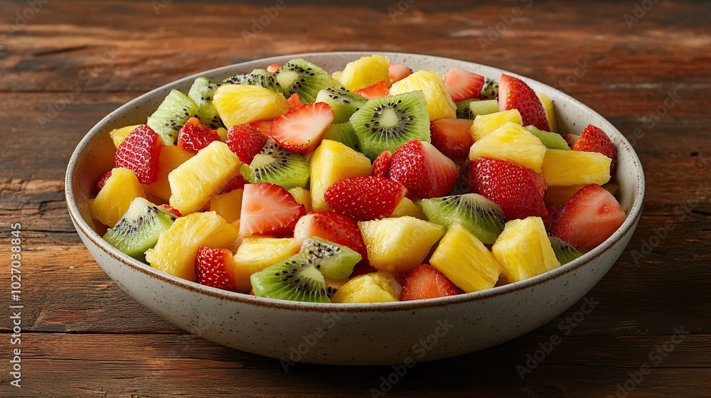 A bowl of fresh fruit salad featuring strawberries, kiwi, and pineapple, set on a rustic wooden table. A bowl of fresh fruit salad featuring strawberries, kiwi, and pineapple, set on a rustic wooden table.