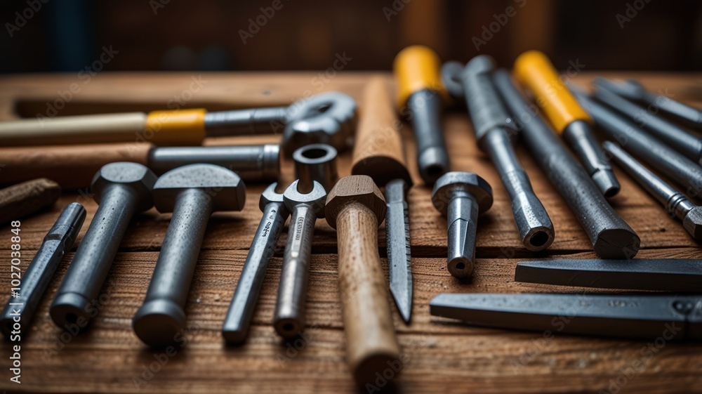 A collection of various metalworking tools laid out on a wooden workbench. A collection of various metalworking tools laid out on a wooden workbench.