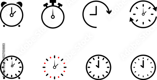 Timer clocks and clock icons set. Timer clock alarm watch collection vector illustration.