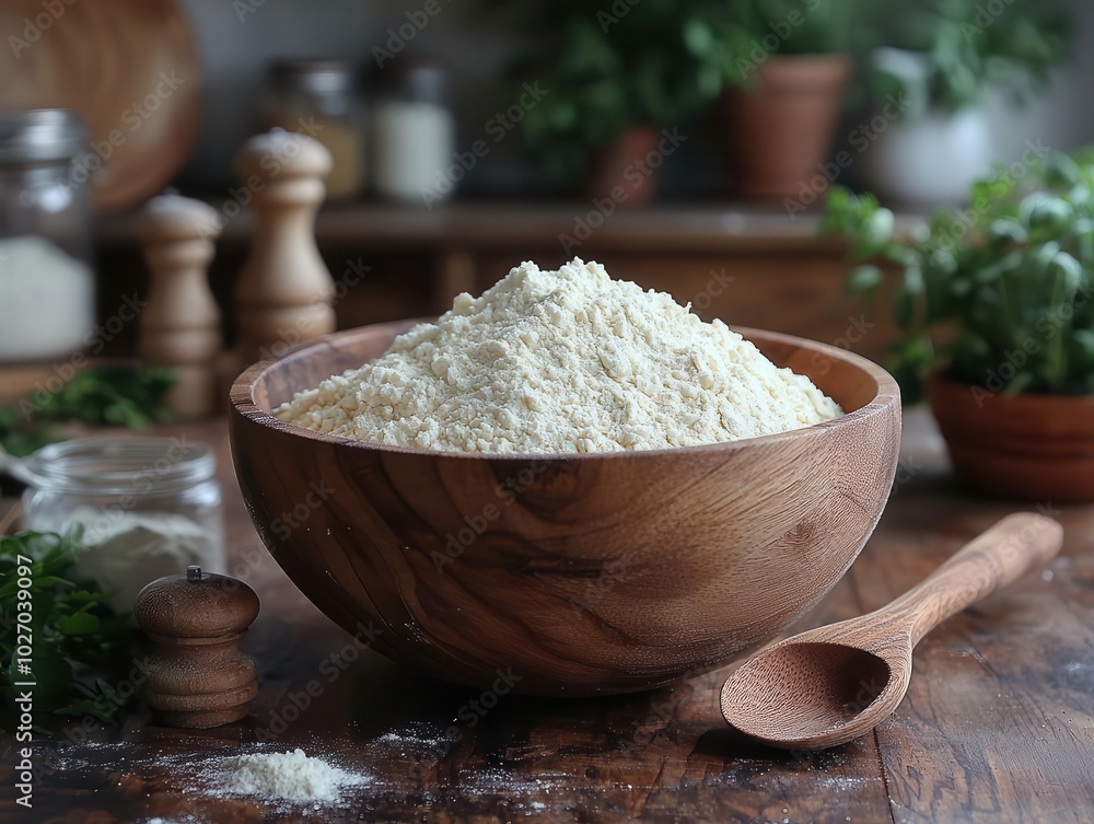 white flour elegantly poured into a smooth wooden bowl, accompanied by a wooden spoon, surrounded by a kitchen setting. the image conveys a sense of warmth, culinary creativity, and rustic charm white flour elegantly poured into a smooth wooden bowl, accompanied by a wooden spoon, surrounded by a kitchen setting. the image conveys a sense of warmth, culinary creativity, and rustic charm