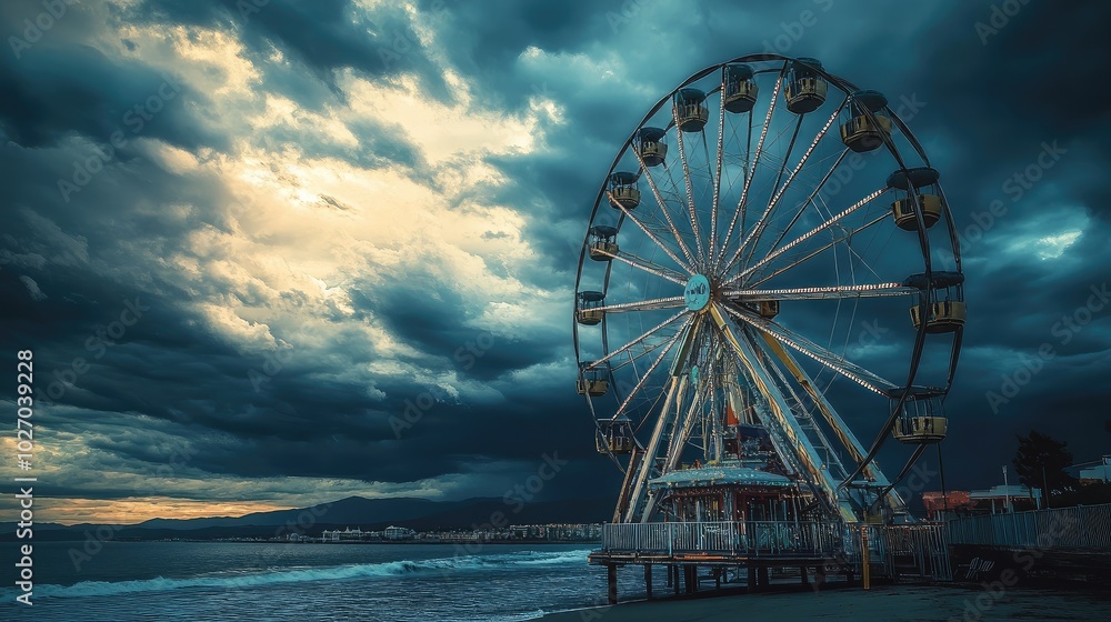 Ferris wheel overlooking a scenic beach and a cloudy, dramatic sky. No people included. Ferris wheel overlooking a scenic beach and a cloudy, dramatic sky. No people included.