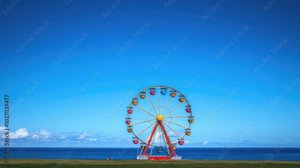 Fototapeta premium Ferris wheel spinning under a clear blue sky, with the ocean stretching out in the distance. No people.