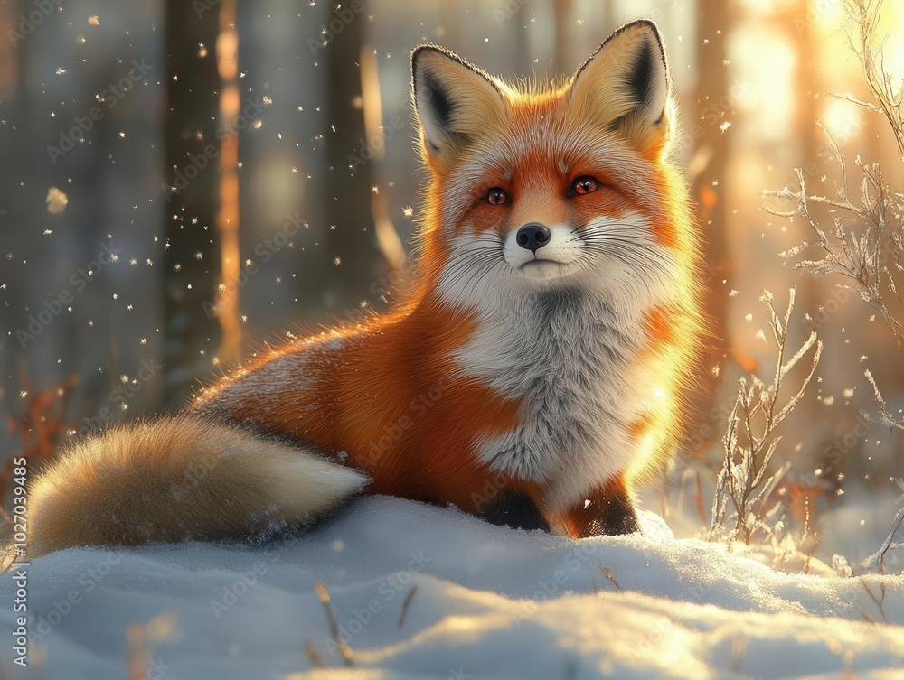 wild fox in a serene winter forest, coat fluffed against the cold, soft snow blanketing the ground, gentle sunlight filtering through trees, creating a tranquil and picturesque scene wild fox in a serene winter forest, coat fluffed against the cold, soft snow blanketing the ground, gentle sunlight filtering through trees, creating a tranquil and picturesque scene