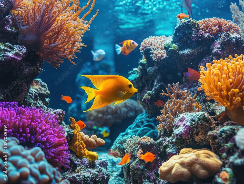 Naklejka premium Bright yellow fish swimming near vibrant purple coral in a colorful reef